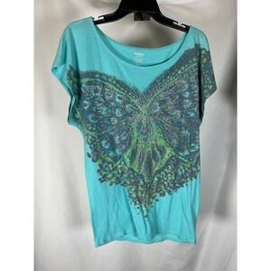 Express Womens Turquoise Blue Butterfly Graphic Rhinestone Scoop Neck Tee Large